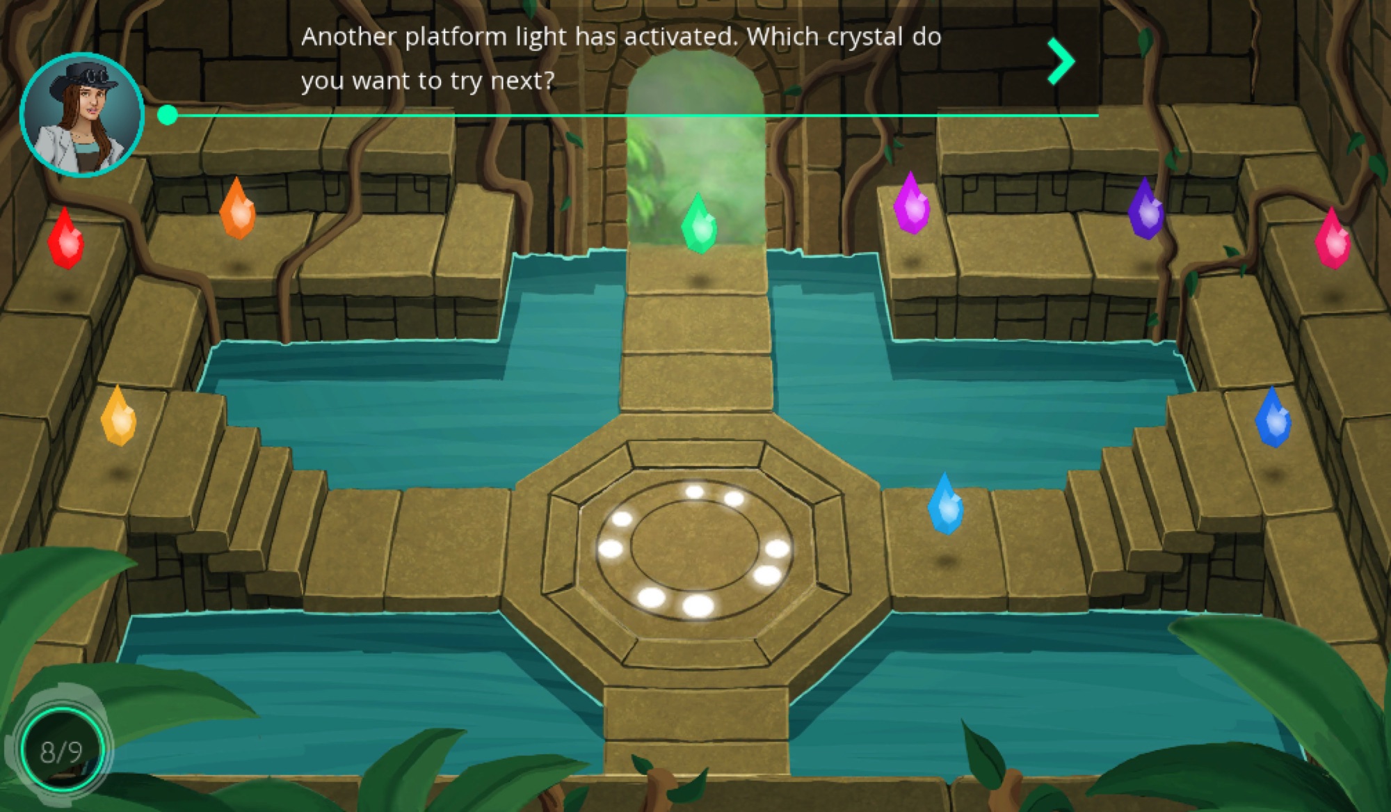 The temple room with glowing crystals