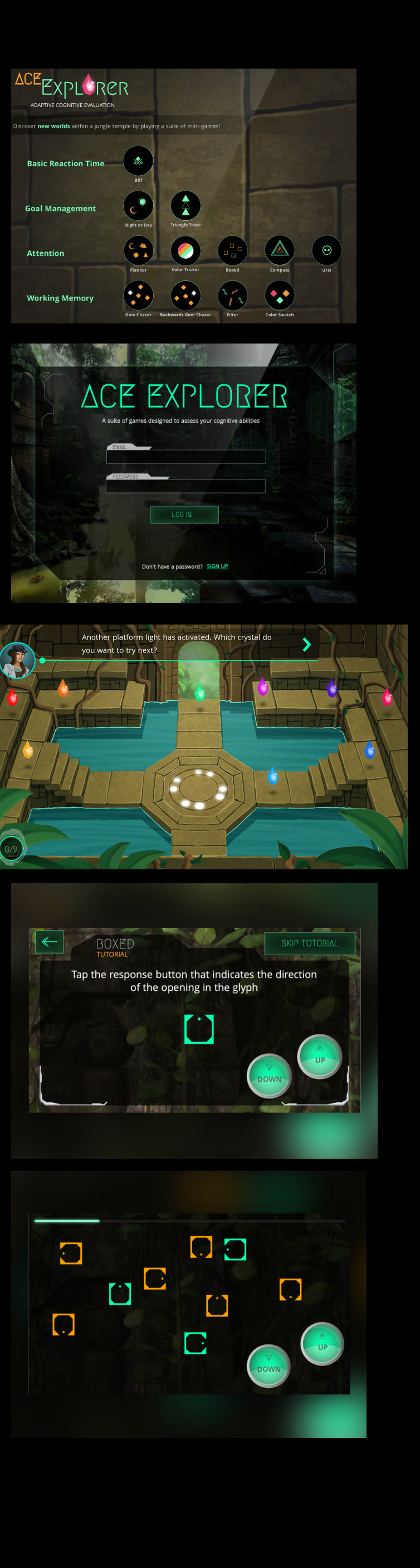 ACE Explorer screens: dark jungle temple theme