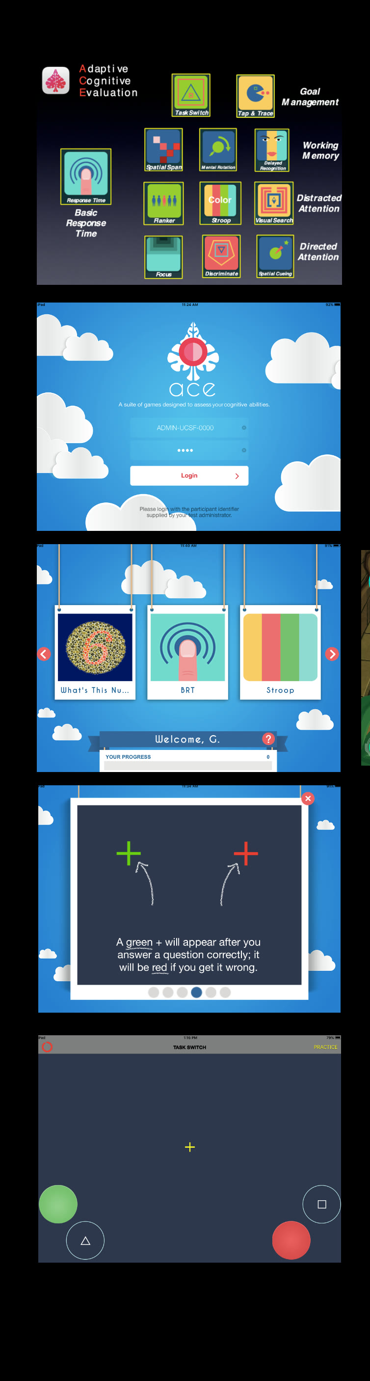 The original ACE screens: bright clouds, generic buttons