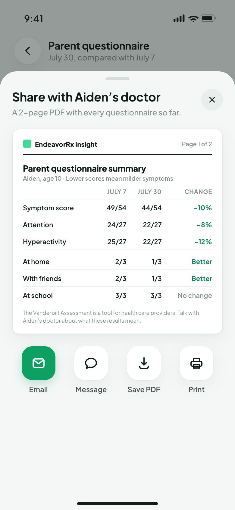 A PDF report to email, message, save or print for the child's doctor
