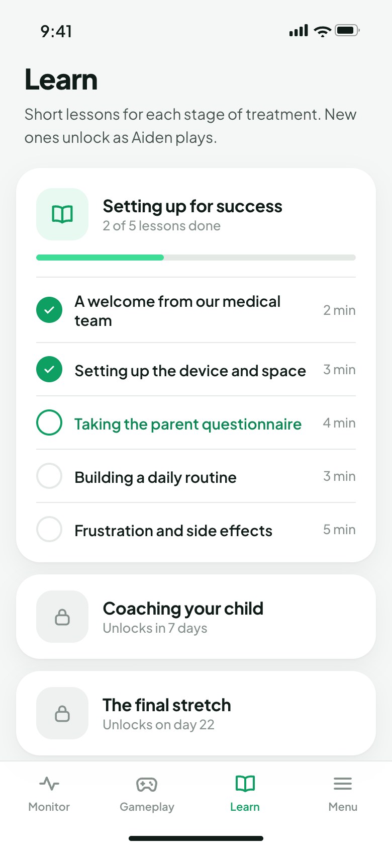 Short lessons for parents that unlock as treatment goes on