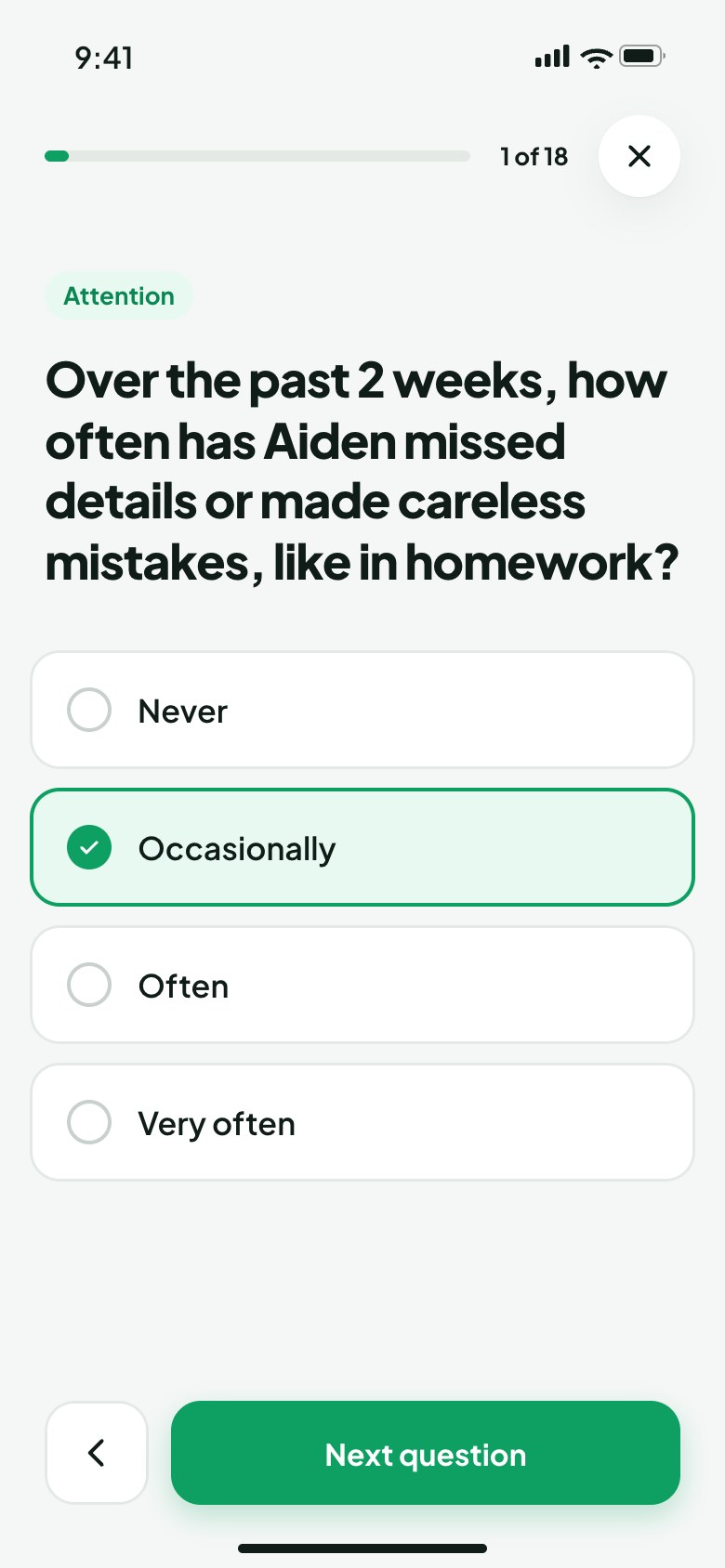 Questionnaire: one question per screen, four answers
