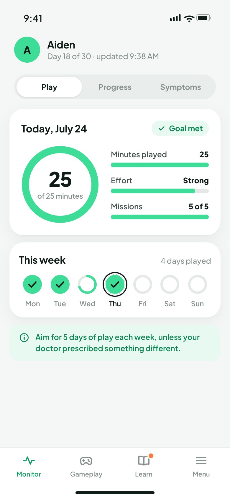 EndeavorRx Insight: today's minutes, effort and missions, with the week so far