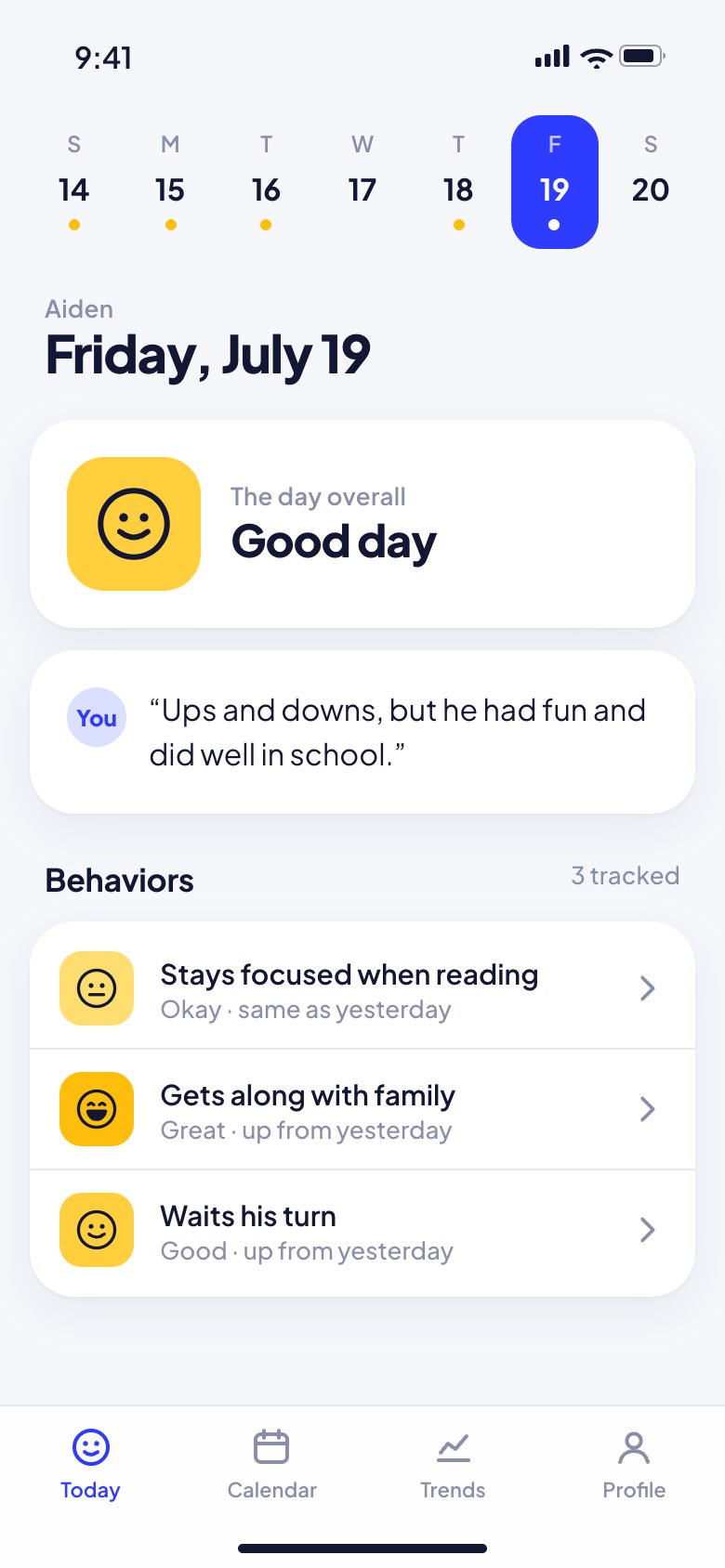 Day view: overall rating, parent note and each tracked behavior