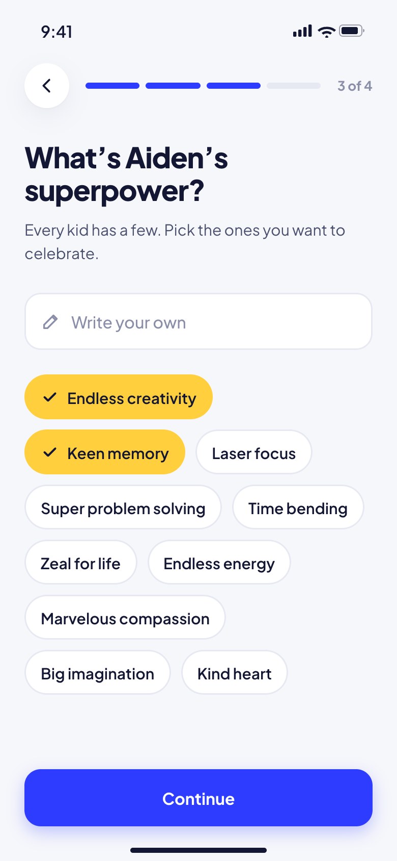 Set-up: choosing the child's superpowers to celebrate
