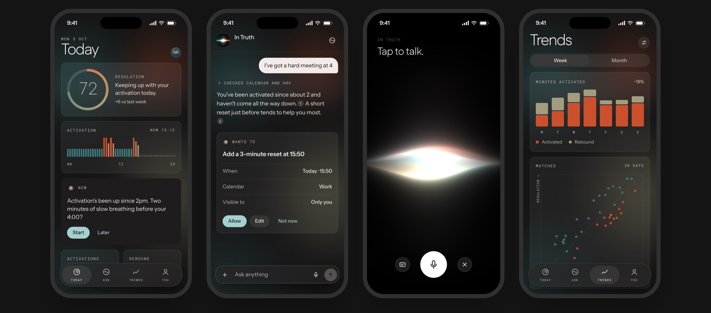 The same four phone screens in dark mode