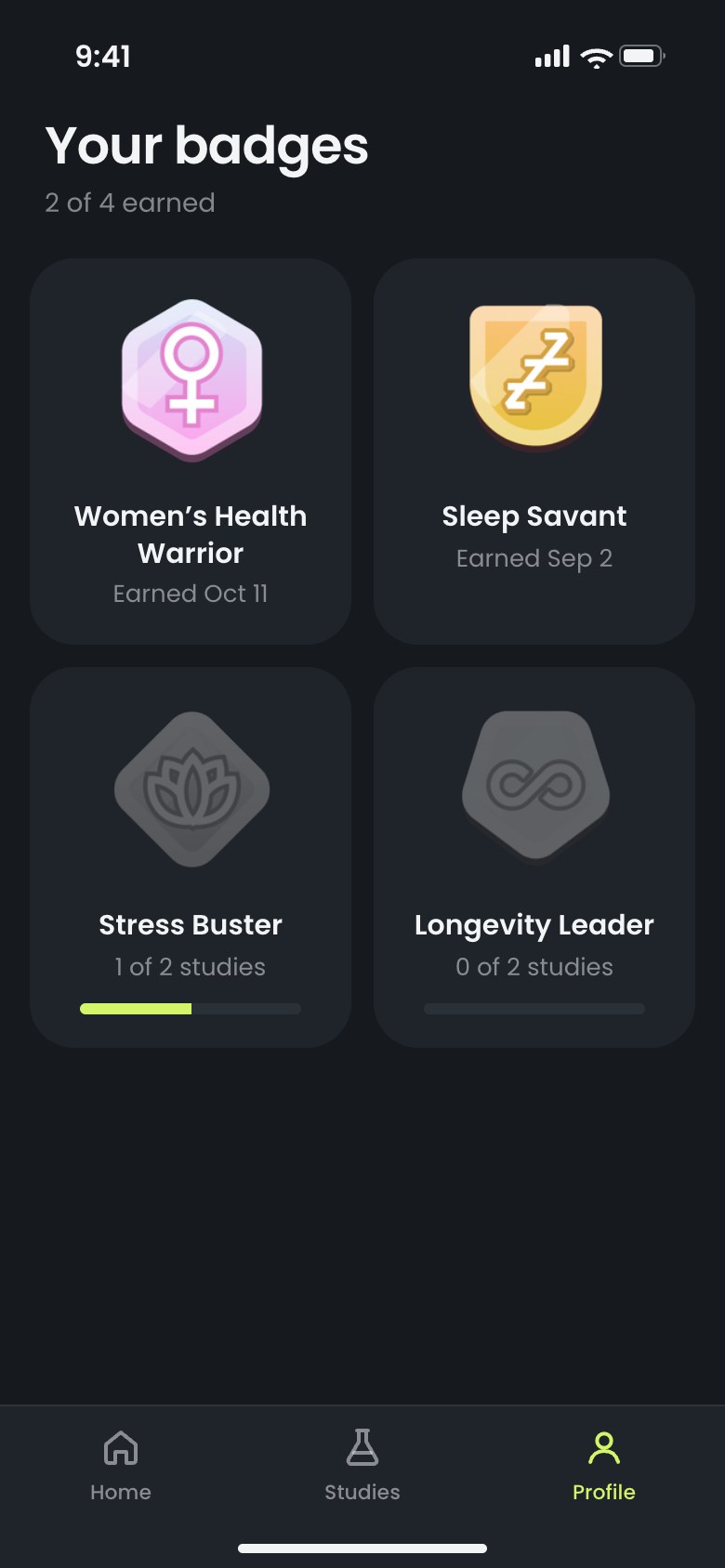 Badge collection with progress toward the next ones