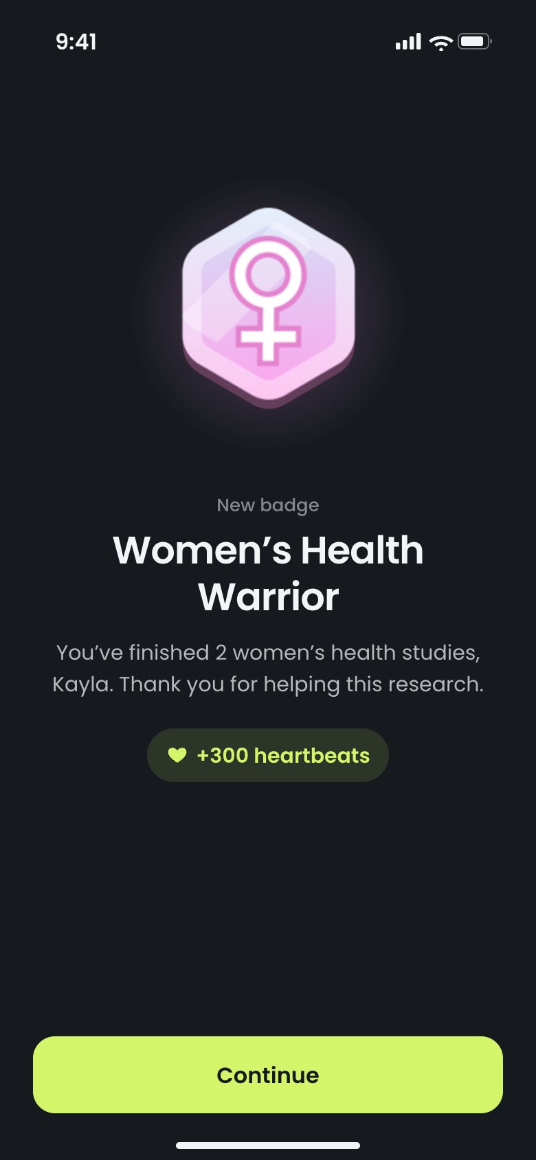 Badge earned: Women's Health Warrior, plus 300 heartbeats