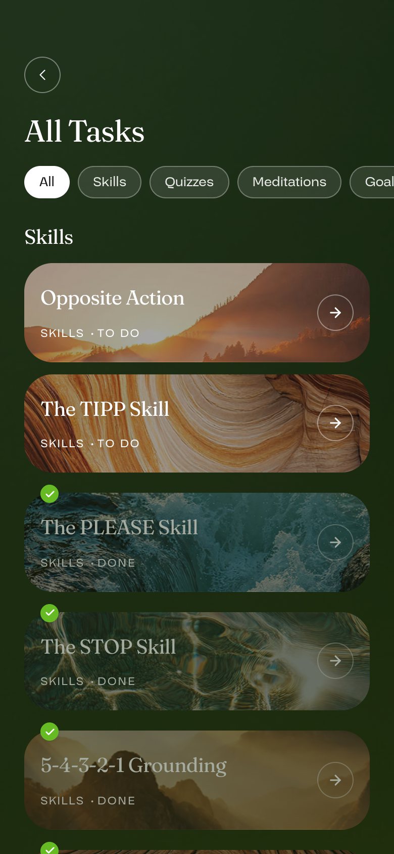 All tasks: skills to practise, with progress