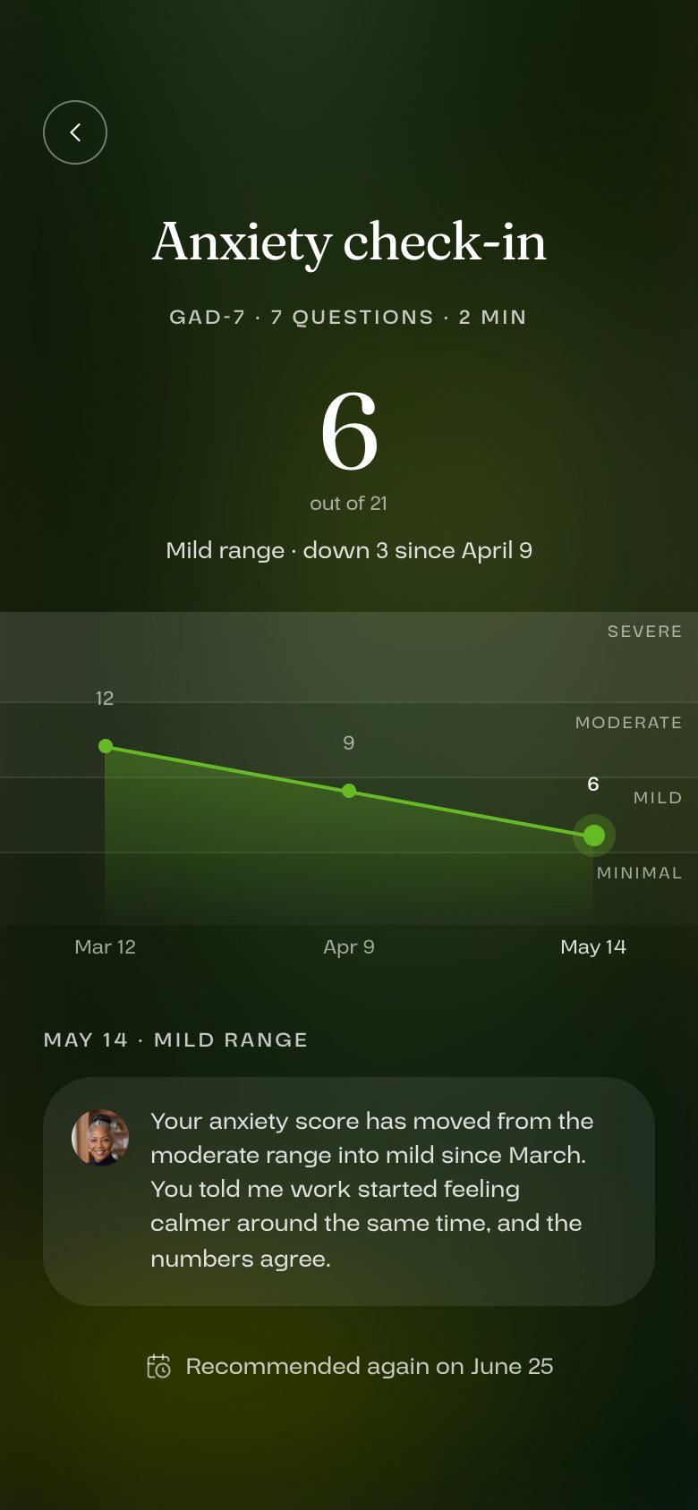Anxiety check-in history, with a trend chart
