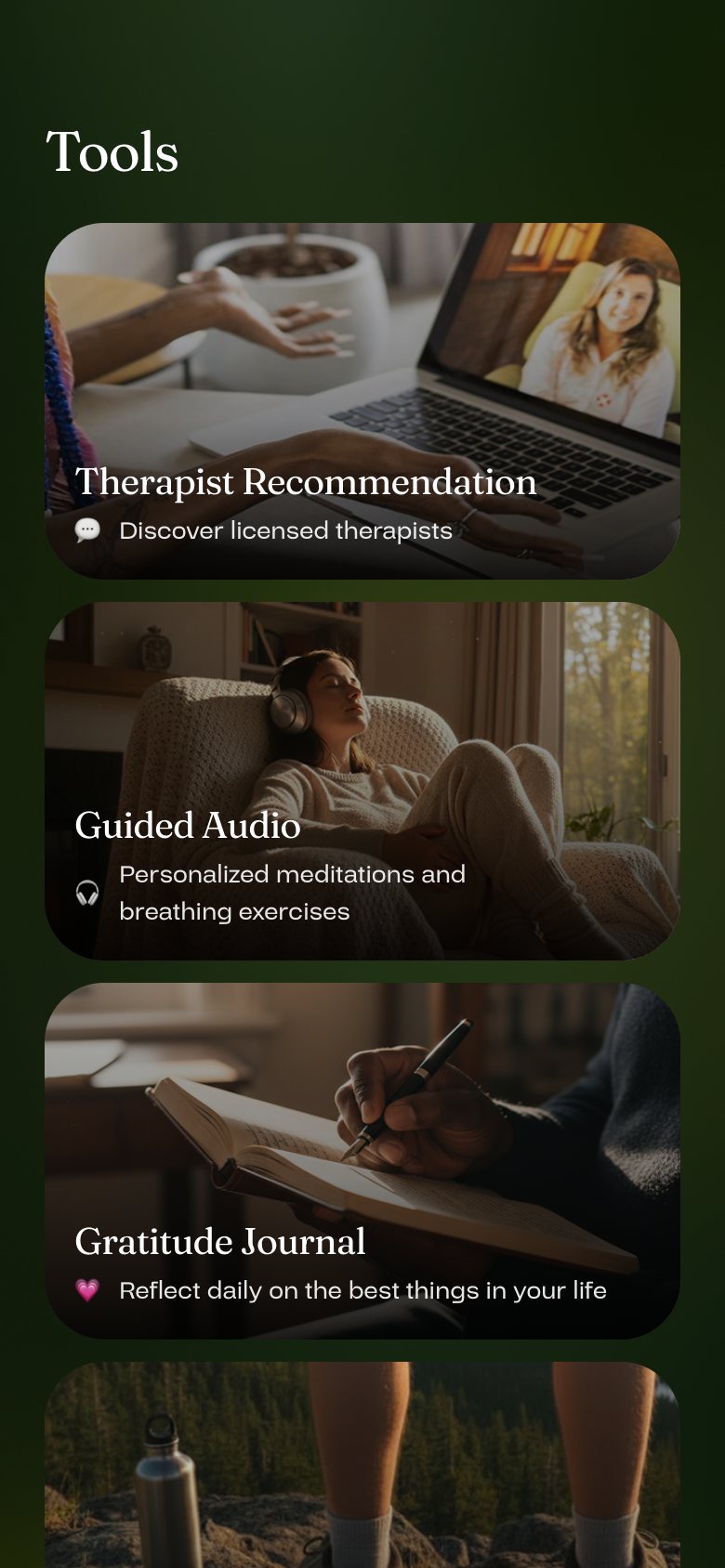 Tools: therapist matching, guided audio, gratitude journal