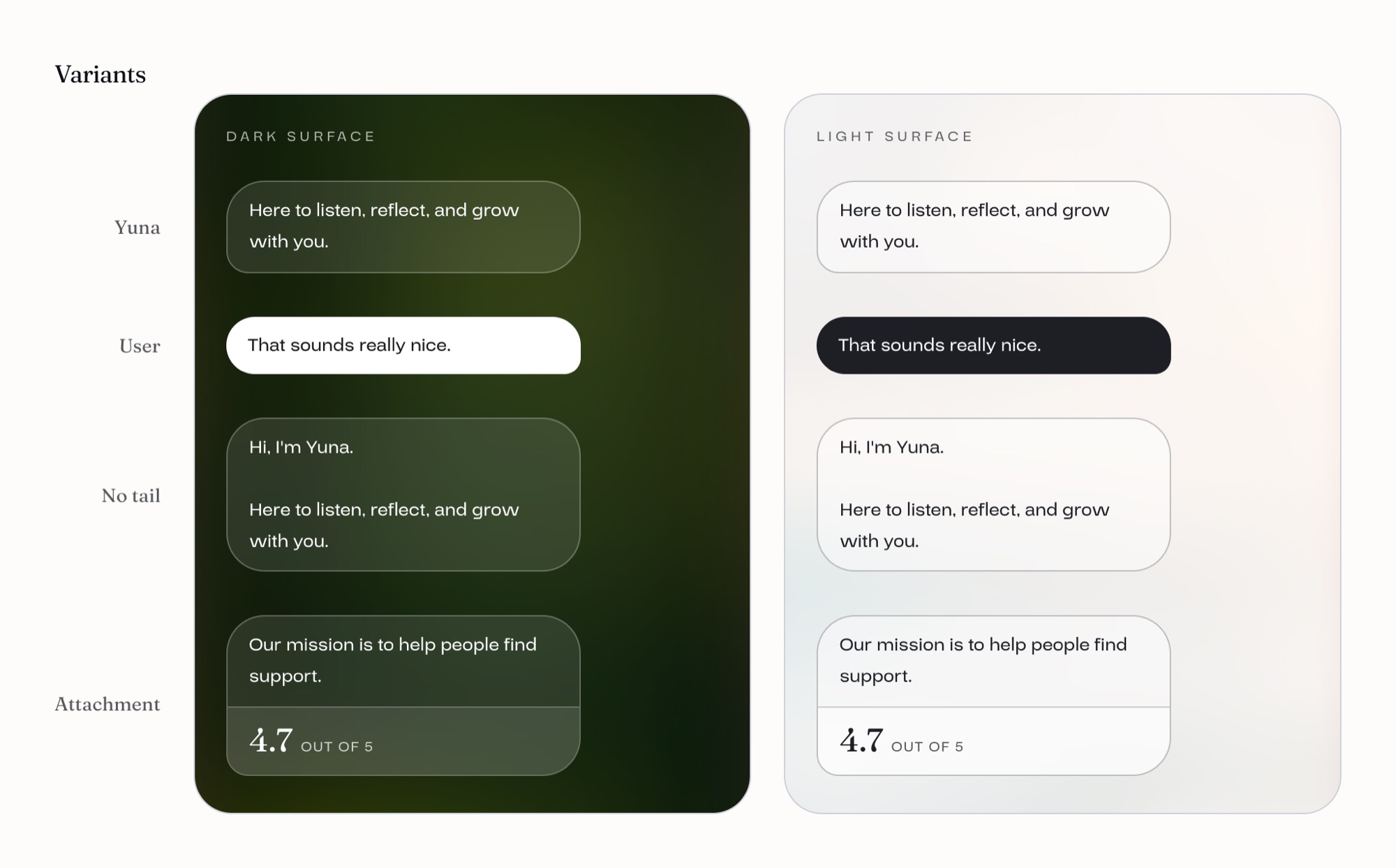Chat bubble component on dark and light surfaces